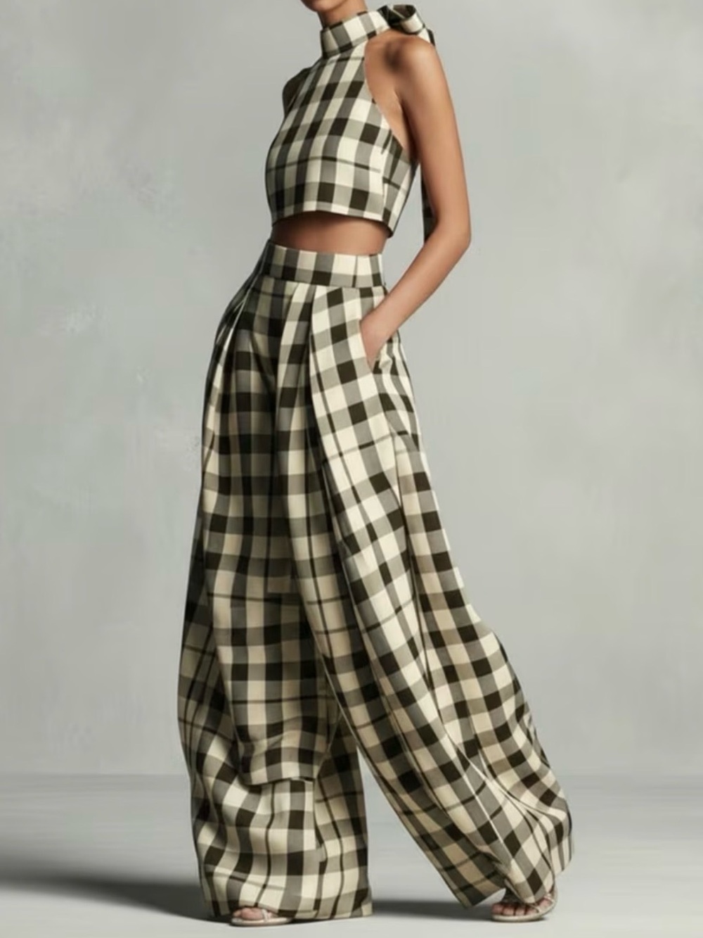 High-Waist Wide Leg Gingham Pants  with matching top in Black & Cream - Picture 2 of 3
